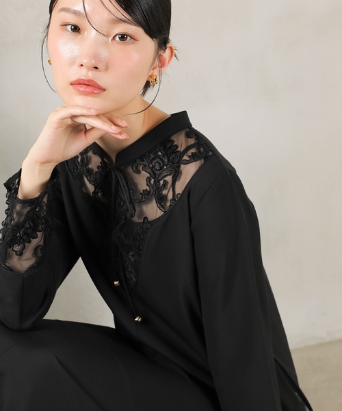 Kana(カナ)の「モールレース ブザムデザイン スタンドカラー Iライン ワンピース ドレス パーティー 結婚式 お呼ばれ オケージョン(ドレス・レディース・ダークブラウン/ブラック/カーキ・M)」の11枚目の写真