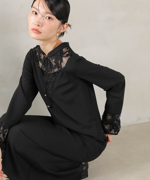 Kana(カナ)の「モールレース ブザムデザイン スタンドカラー Iライン ワンピース ドレス パーティー 結婚式 お呼ばれ オケージョン(ドレス・レディース・ダークブラウン/ブラック/カーキ・M)」の10枚目の写真