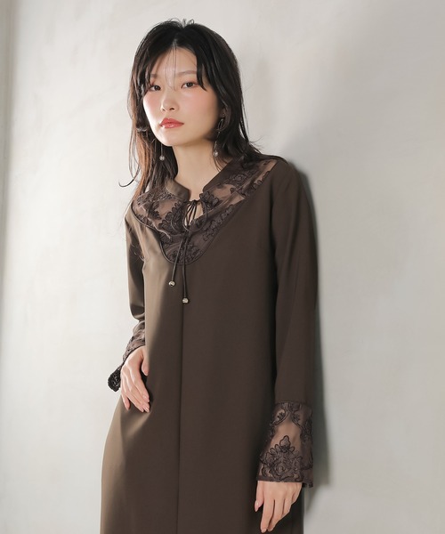 Kana(カナ)の「モールレース ブザムデザイン スタンドカラー Iライン ワンピース ドレス パーティー 結婚式 お呼ばれ オケージョン(ドレス・レディース・ダークブラウン/ブラック/カーキ・M)」の19枚目の写真
