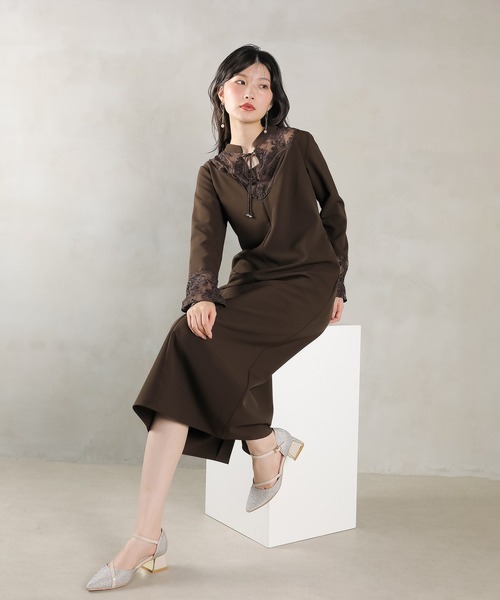 Kana(カナ)の「モールレース ブザムデザイン スタンドカラー Iライン ワンピース ドレス パーティー 結婚式 お呼ばれ オケージョン(ドレス・レディース・ダークブラウン/ブラック/カーキ・M)」の15枚目の写真