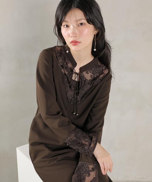 Kana(カナ)の「モールレース ブザムデザイン スタンドカラー Iライン ワンピース ドレス パーティー 結婚式 お呼ばれ オケージョン(ドレス・レディース・ダークブラウン/ブラック/カーキ・M)」の17枚目の写真
