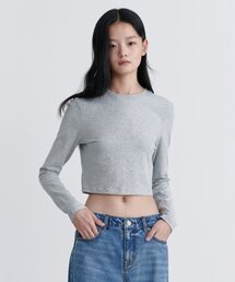 ウィメンズスリムクロップクルーネック長袖Tシャツ[ミディアムグレー]