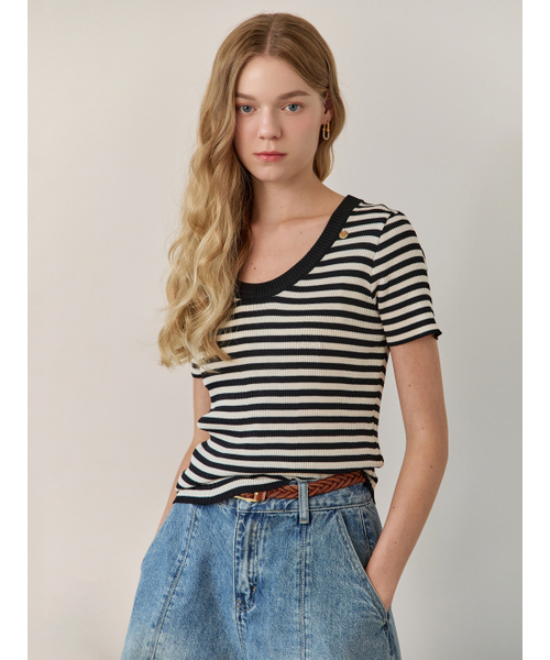 MAXZA(マージャコレクション)の「ストライプパターンUネック半袖ニット(ジェットブラック)(Tシャツ/カットソー・レディース・ブラック・FREE)」の2枚目の写真