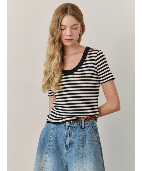 MAXZA(マージャコレクション)の「ストライプパターンUネック半袖ニット(ジェットブラック)(Tシャツ/カットソー・レディース・ブラック・FREE)」の3枚目の写真
