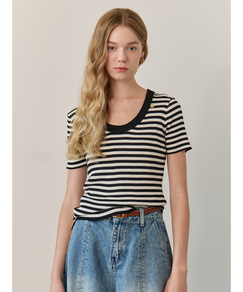 MAXZA(マージャコレクション)の「ストライプパターンUネック半袖ニット(ジェットブラック)(Tシャツ/カットソー・レディース・ブラック・FREE)」の5枚目の写真