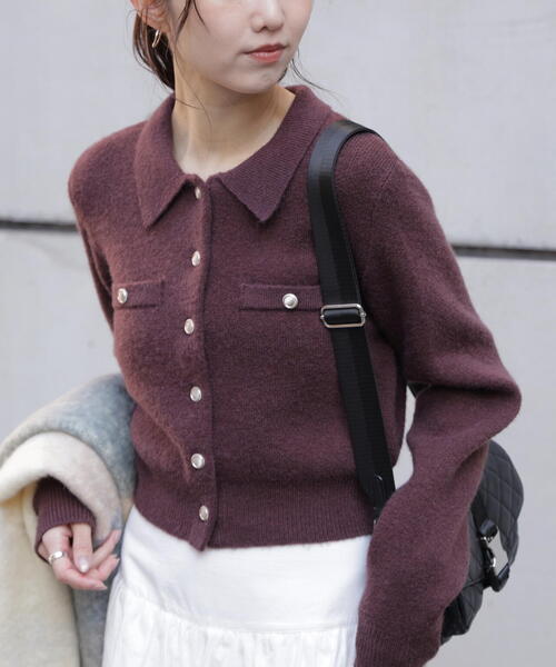 FREE'S MART（フリーズマート）の「◆金ボタン前あきポロニット（ニット/セーター・レディース・グレー/ネイビー/ホワイト/ブラウン/ライトグリーン・FREE）」の3枚目の写真