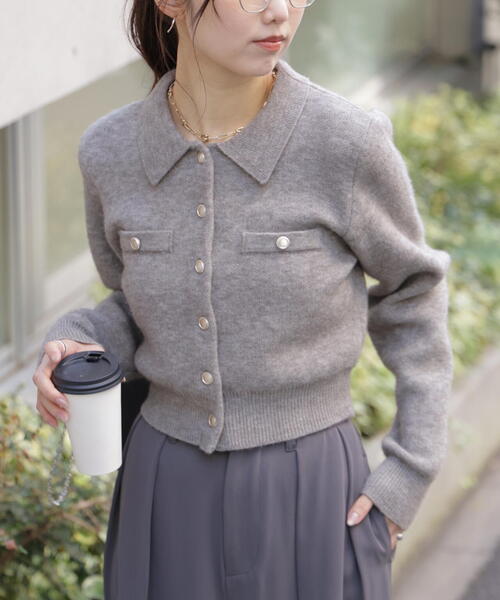 FREE'S MART（フリーズマート）の「◆金ボタン前あきポロニット（ニット/セーター・レディース・グレー/ネイビー/ホワイト/ブラウン/ライトグリーン・FREE）」の12枚目の写真