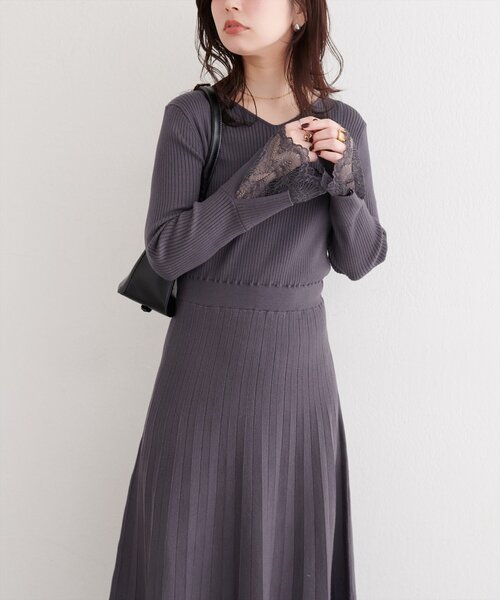 セール】袖口レースニットワンピース（ワンピース）｜natural couture