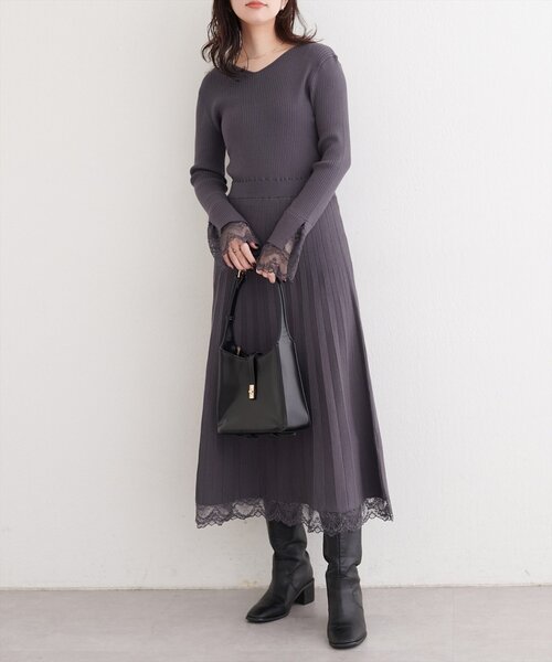 袖口レースニットワンピース グレー 袖口レースニットワンピース