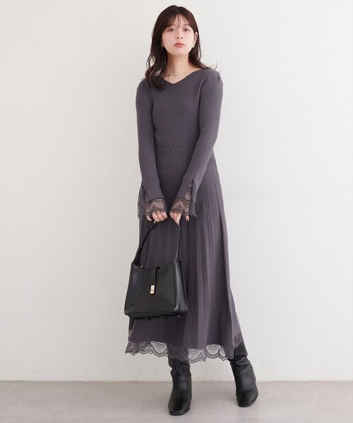 袖口レースニットワンピース セール】袖口レースニットワンピース（ワンピース）｜natural couture