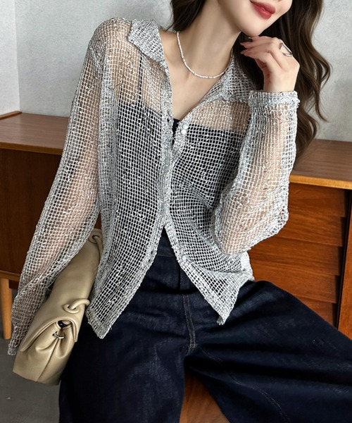 Eclat one(エクラワン)の「【Eclat one】ロングスリーブ ネップメッシュ シャツ(Tシャツ/カットソー・レディース・ブラック/オフホワイト/ブラウン・FREE)」の1枚目の写真