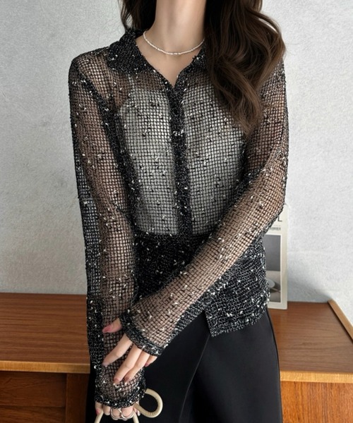 Eclat one(エクラワン)の「【Eclat one】ロングスリーブ ネップメッシュ シャツ(Tシャツ/カットソー・レディース・ブラック/オフホワイト/ブラウン・FREE)」の10枚目の写真