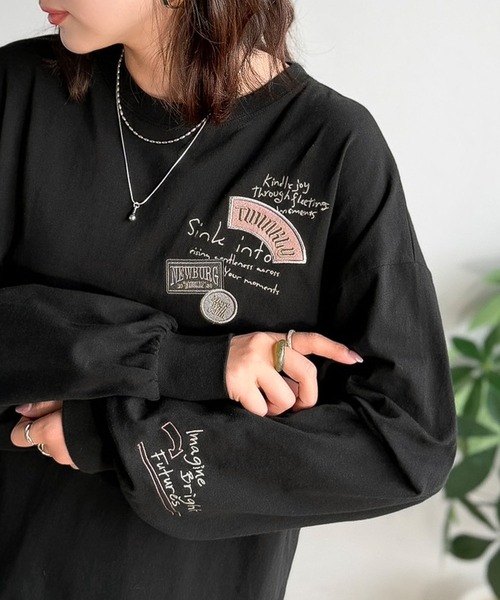 classicalelf(クラシカルエルフ)の「ゆるさの中に「ちょうどいい」お洒落感!綿100%刺繍ワッペンドルマンロンTEE(長袖)(Tシャツ/カットソー・レディース・オートミール/ホワイト/ブラック・SMALL/MEDIUM/LARGE/X-LARGE)」の2枚目の写真