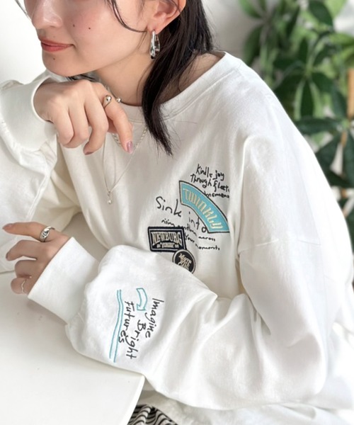classicalelf(クラシカルエルフ)の「ゆるさの中に「ちょうどいい」お洒落感!綿100%刺繍ワッペンドルマンロンTEE(長袖)(Tシャツ/カットソー・レディース・オートミール/ホワイト/ブラック・SMALL/MEDIUM/LARGE/X-LARGE)」の4枚目の写真