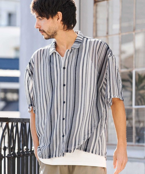 CAMBIO(カンビオ)の「mhs2514- Valfas Lace Multi Stripe Short Sleeve Shirts ショートスリーブシャツ(PF-261-015)(シャツ/ブラウス・メンズ・カーキ/ナチュラル・M/L)」の1枚目の写真