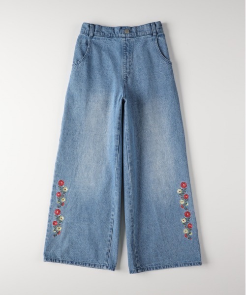 Right-on（ライトオン）の「【VIVIAN BLUE】デニム刺繍ワイドパンツ (キッズ/子供服/通園通学)（デニムパンツ・キッズ・ターコイズブルー/ブルー/サックスブルー・110/130/140/150/160/120）」の3枚目の写真