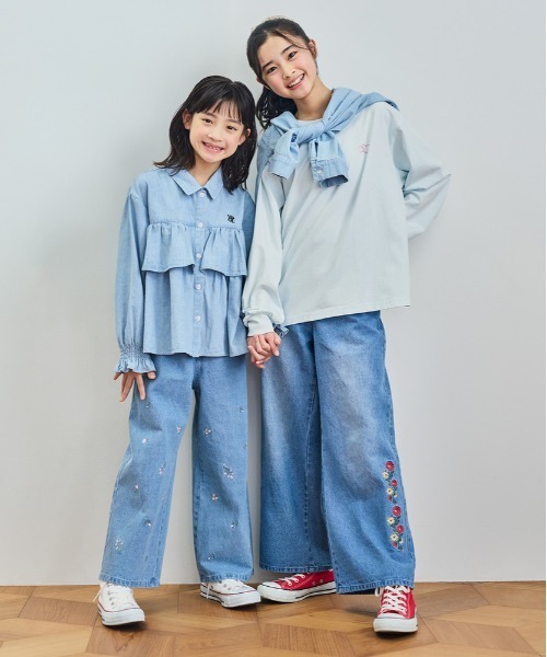 Right-on（ライトオン）の「【VIVIAN BLUE】デニム刺繍ワイドパンツ (キッズ/子供服/通園通学)（デニムパンツ・キッズ・ターコイズブルー/ブルー/サックスブルー・110/130/140/150/160/120）」の4枚目の写真
