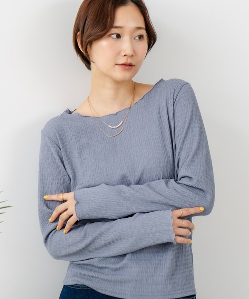 fort point(フォーポイント)の「【C-FORT POINT/フォートポイント】【繊細なシャーリング加工がさりげない立体感をプラス】カットシャーリングロンT 柔らかい カットソー 程よいフィット感 シンプル デイリーユース(Tシャツ/カットソー・レディース・ブルー/グレー/ブラック/アイボリー・MEDIUM)」の15枚目の写真