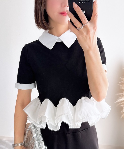 &. NOSTALGIA(アンドドットノスタルジア)の「【ZOZO限定】フリルヘムカラートップス(Tシャツ/カットソー・レディース・グレー/ブラック・M)」の2枚目の写真