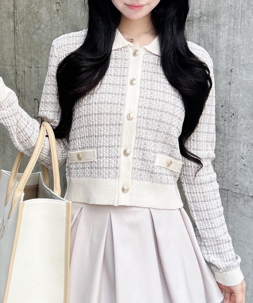 INGNI(イング)の「襟付ツイードバイカラーニットカーディガン(カーディガン/ボレロ・レディース・ホワイト×ブラック/グレー系8/ピンク系2・M)」の3枚目の写真