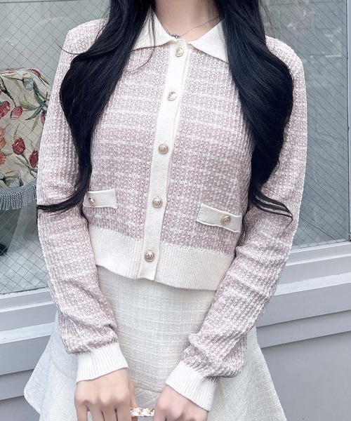 INGNI(イング)の「襟付ツイードバイカラーニットカーディガン(カーディガン/ボレロ・レディース・ホワイト×ブラック/グレー系8/ピンク系2・M)」の1枚目の写真