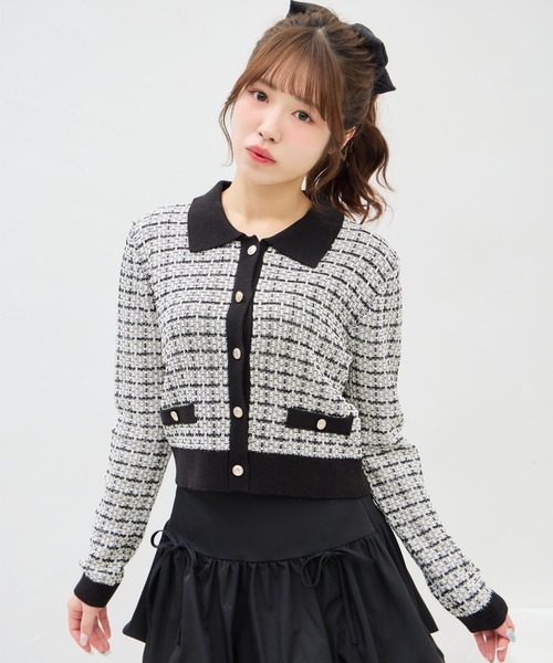 INGNI(イング)の「襟付ツイードバイカラーニットカーディガン(カーディガン/ボレロ・レディース・ホワイト×ブラック/グレー系8/ピンク系2・M)」の2枚目の写真