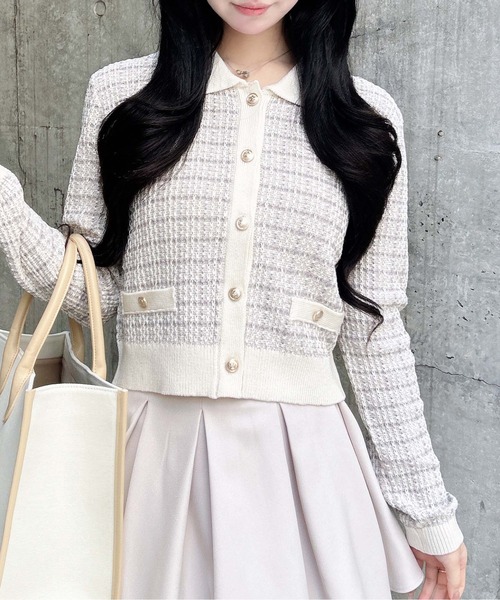 INGNI(イング)の「襟付ツイードバイカラーニットカーディガン(カーディガン/ボレロ・レディース・ホワイト×ブラック/グレー系8/ピンク系2・M)」の5枚目の写真