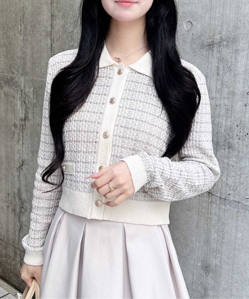 INGNI(イング)の「襟付ツイードバイカラーニットカーディガン(カーディガン/ボレロ・レディース・ホワイト×ブラック/グレー系8/ピンク系2・M)」の6枚目の写真
