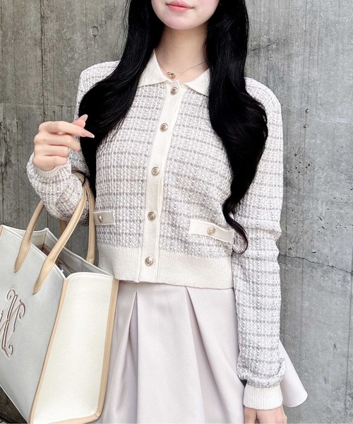 INGNI(イング)の「襟付ツイードバイカラーニットカーディガン(カーディガン/ボレロ・レディース・ホワイト×ブラック/グレー系8/ピンク系2・M)」の7枚目の写真