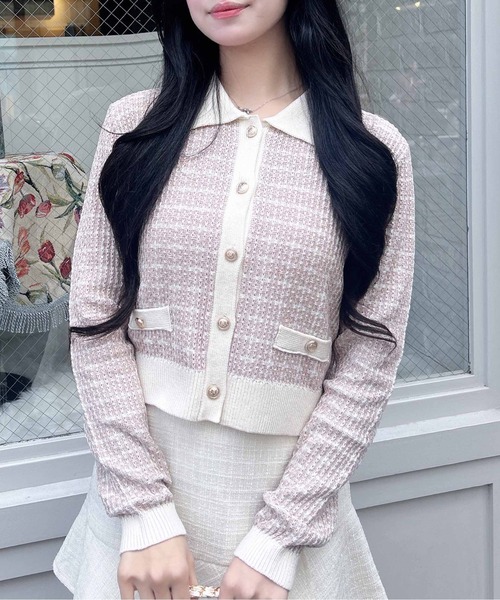 INGNI(イング)の「襟付ツイードバイカラーニットカーディガン(カーディガン/ボレロ・レディース・ホワイト×ブラック/グレー系8/ピンク系2・M)」の12枚目の写真