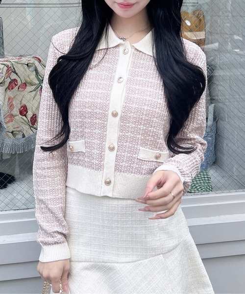 INGNI(イング)の「襟付ツイードバイカラーニットカーディガン(カーディガン/ボレロ・レディース・ホワイト×ブラック/グレー系8/ピンク系2・M)」の13枚目の写真