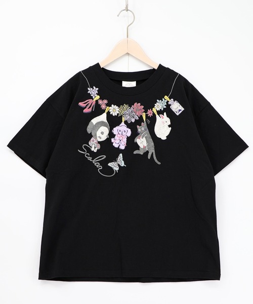ScoLar(スカラー)の「161646:天日干しアニマルぬい刺繍Tシャツ(Tシャツ/カットソー・レディース・オフホワイト/ブラック/グリーン・M)」の3枚目の写真
