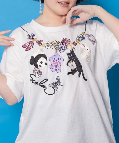 ScoLar(スカラー)の「161646:天日干しアニマルぬい刺繍Tシャツ(Tシャツ/カットソー・レディース・オフホワイト/ブラック/グリーン・M)」の5枚目の写真