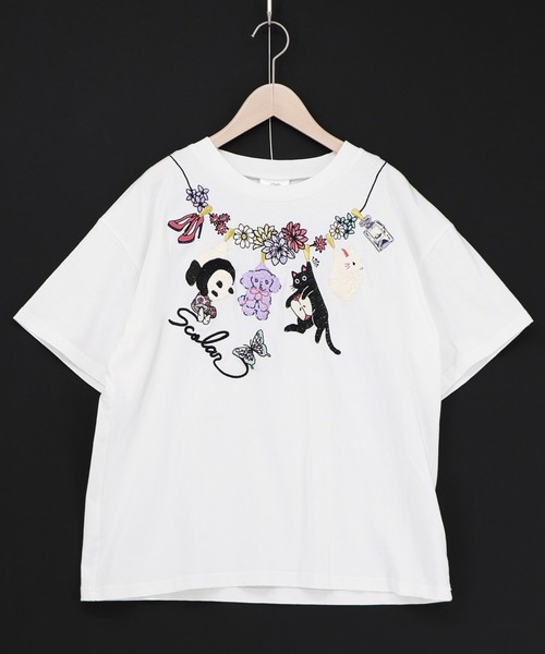 ScoLar(スカラー)の「161646:天日干しアニマルぬい刺繍Tシャツ(Tシャツ/カットソー・レディース・オフホワイト/ブラック/グリーン・M)」の8枚目の写真