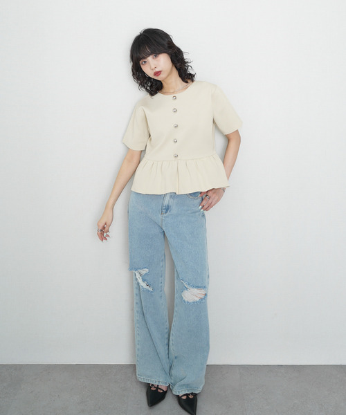 Chillfar（チルファー）の「ニットペプラムトップス（ニット/セーター・レディース・グレー/ネイビー系/ブラウン/レッド/ブラック/アイボリー・FREE）」の7枚目の写真