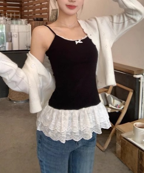 SHEPP(シープ)の「リボン付きコットンティアードキャミチュニック(シャツ/ブラウス・レディース・ホワイト/ブラック・M/S)」の2枚目の写真