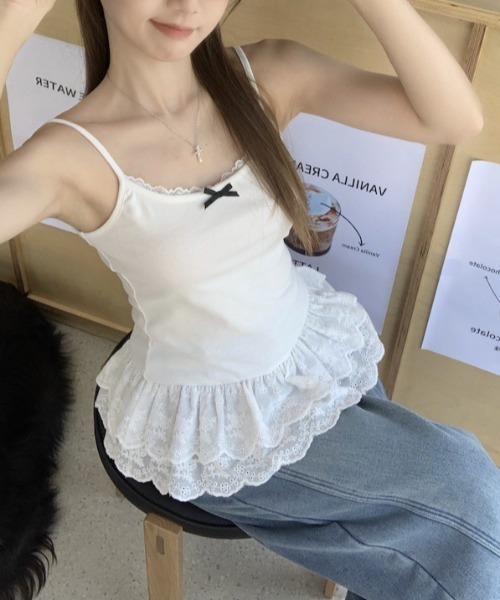 SHEPP(シープ)の「リボン付きコットンティアードキャミチュニック(シャツ/ブラウス・レディース・ホワイト/ブラック・M/S)」の5枚目の写真