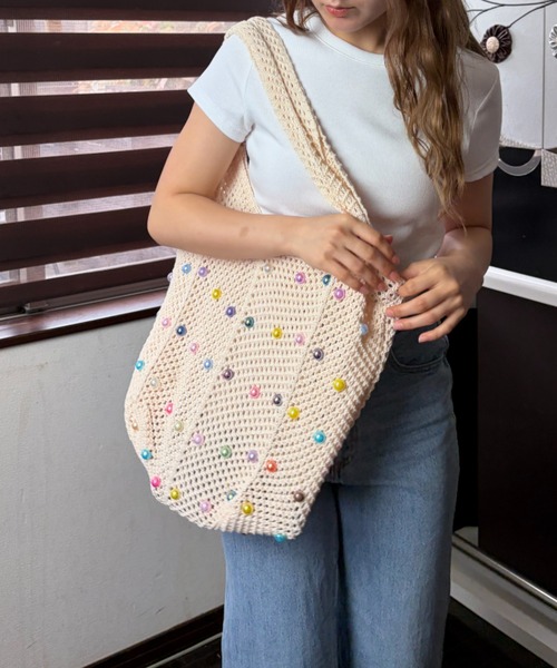 Loco Ocean(ロコオーシャン)の「カラフルビーズ 透かし編みメッシュトートバッグ / サマーバッグ / クロシェ風(トートバッグ・レディース・カーキ/オフホワイト・ONE SIZE)」の20枚目の写真