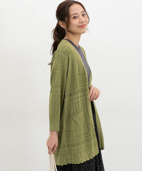 Honeys(ハニーズ)の「【ウォッシャブル】8分袖透かし編トッパーカーデ(カーディガン/ボレロ・レディース・グリーン/オフホワイト/ブラウン/ブラック/ベージュ・LL/M/L)」の12枚目の写真