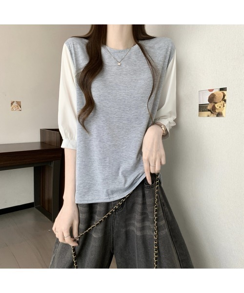 LUCPY（ラクピー）の「ギンガムスリーブドッキングTシャツ（Tシャツ/カットソー・レディース・ブラック/ブラック×ホワイト/グレー・XX-LARGE/X-LARGE/LARGE/MEDIUM）」の3枚目の写真
