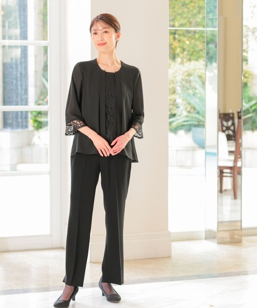 nissen(ニッセン)の「【喪服・礼服】ネックリボン付洗える前開きレース使い羽織り風ブラウスストレッチパンツスーツ(スーツセット・レディース・ブラック・10L/8L/6L/5L/4L/3L/LL/L/M)」の15枚目の写真