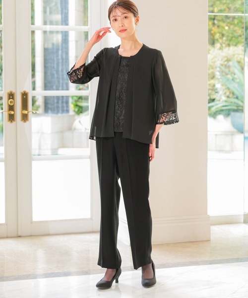 nissen(ニッセン)の「【喪服・礼服】ネックリボン付洗える前開きレース使い羽織り風ブラウスストレッチパンツスーツ(スーツセット・レディース・ブラック・10L/8L/6L/5L/4L/3L/LL/L/M)」の16枚目の写真