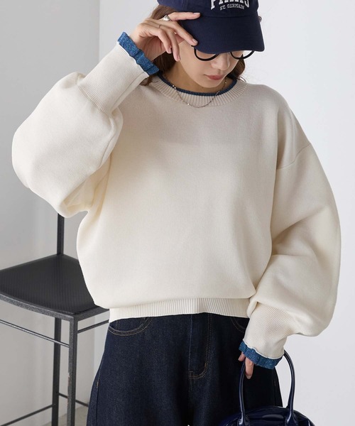 BONLECILL(ボンルシール)の「【マシンウォッシャブル】スウェットライクラメフリル配色ニット(ニット/セーター・レディース・レッド/チャコールグレー/ブラック/ブラウン/ネイビー/グレー/アイボリー・FREE)」の2枚目の写真