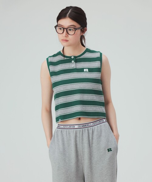 BEAMS HEART(ビームスハート)の「【EXCLUSIVE】RUSSELL ATHLETIC / ワッフル ボーダー ノースリーブ Tシャツ(Tシャツ/カットソー・レディース・グリーン/ネイビー・FREE)」の7枚目の写真