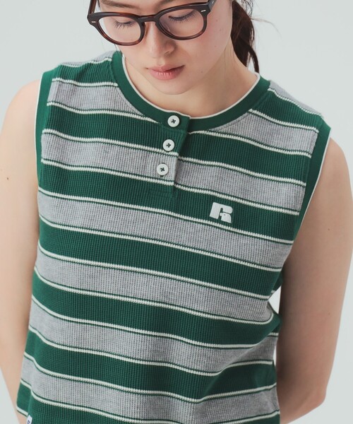 BEAMS HEART(ビームスハート)の「【EXCLUSIVE】RUSSELL ATHLETIC / ワッフル ボーダー ノースリーブ Tシャツ(Tシャツ/カットソー・レディース・グリーン/ネイビー・FREE)」の8枚目の写真