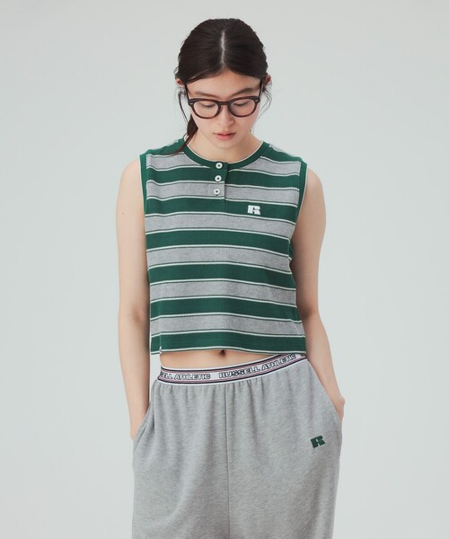 BEAMS HEART(ビームスハート)の「【EXCLUSIVE】RUSSELL ATHLETIC / ワッフル ボーダー ノースリーブ Tシャツ(Tシャツ/カットソー・レディース・グリーン/ネイビー・FREE)」の3枚目の写真