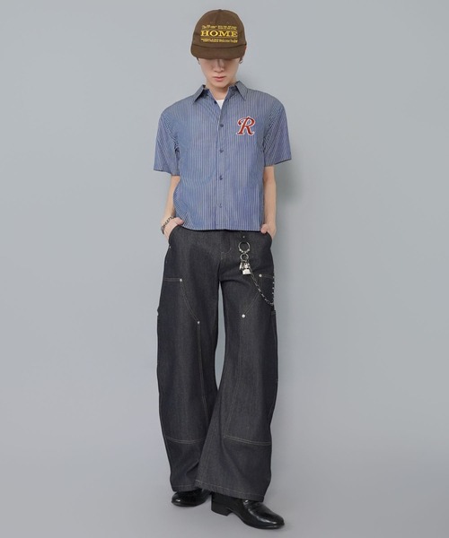 SPINNS(スピンズ)の「ピンストライプ短丈半袖シャツ/ボックスシルエット/ワンポイントロゴ/レギュラーカラー(シャツ/ブラウス・メンズ・ブラック×ブラック/ネイビー系/ワイン系・ONESIZE)」の10枚目の写真