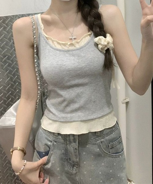 shyam inspiration(シャムインスピレーション)の「リボン付きレイヤード風メローキャミソール/フェイクレイヤード(キャミソール・レディース・グレー/アイボリー・M/L)」の8枚目の写真