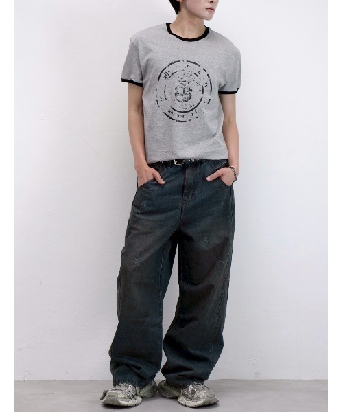 Chikashitsu +(チカシツプラス)の「【Chikashitsu +】stamp printing ringer tee (3color) / 【チカシツプラス】スタンププリントリンガー半袖Tシャツ<着用動画あり>(Tシャツ/カットソー・メンズ・ホワイト/ブラック/グレー・ONE SIZE)」の8枚目の写真