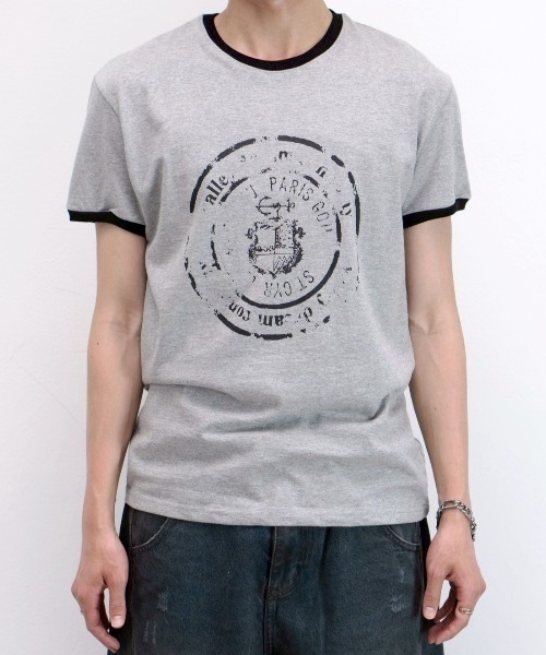 Chikashitsu +(チカシツプラス)の「【Chikashitsu +】stamp printing ringer tee (3color) / 【チカシツプラス】スタンププリントリンガー半袖Tシャツ<着用動画あり>(Tシャツ/カットソー・メンズ・ホワイト/ブラック/グレー・ONE SIZE)」の9枚目の写真